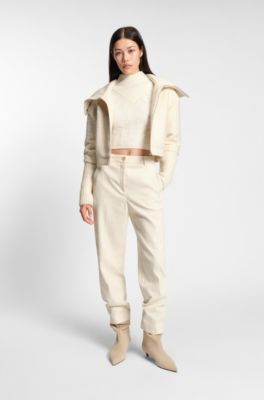 Cropped wool-blend sweater with layered neckline, Natural