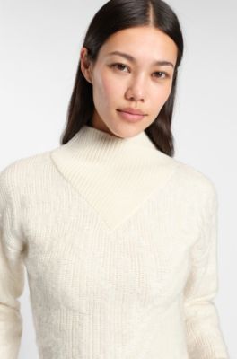 Cropped wool-blend sweater with layered neckline, Natural