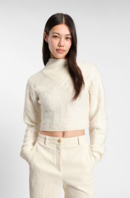 Maglione corto in misto lana con collo doppiato, Bianco