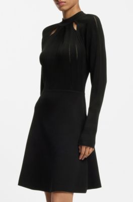 Skater-style knitted dress with lace-stitch detailing, Black