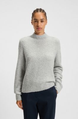 Mock-neck sweater in a wool blend with cashmere, Light Grey