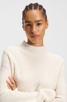 Mock-neck sweater in a wool blend with cashmere, Natural
