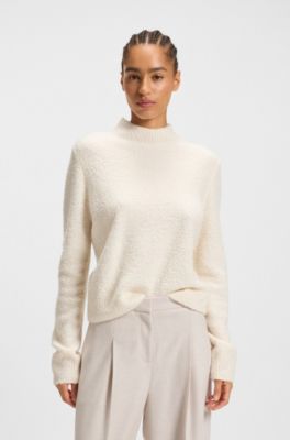Mock-neck sweater in a wool blend with cashmere, Natural