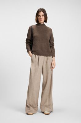 Mock-neck sweater in a wool blend with cashmere, Brown