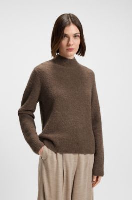 Mock-neck sweater in a wool blend with cashmere, Brown