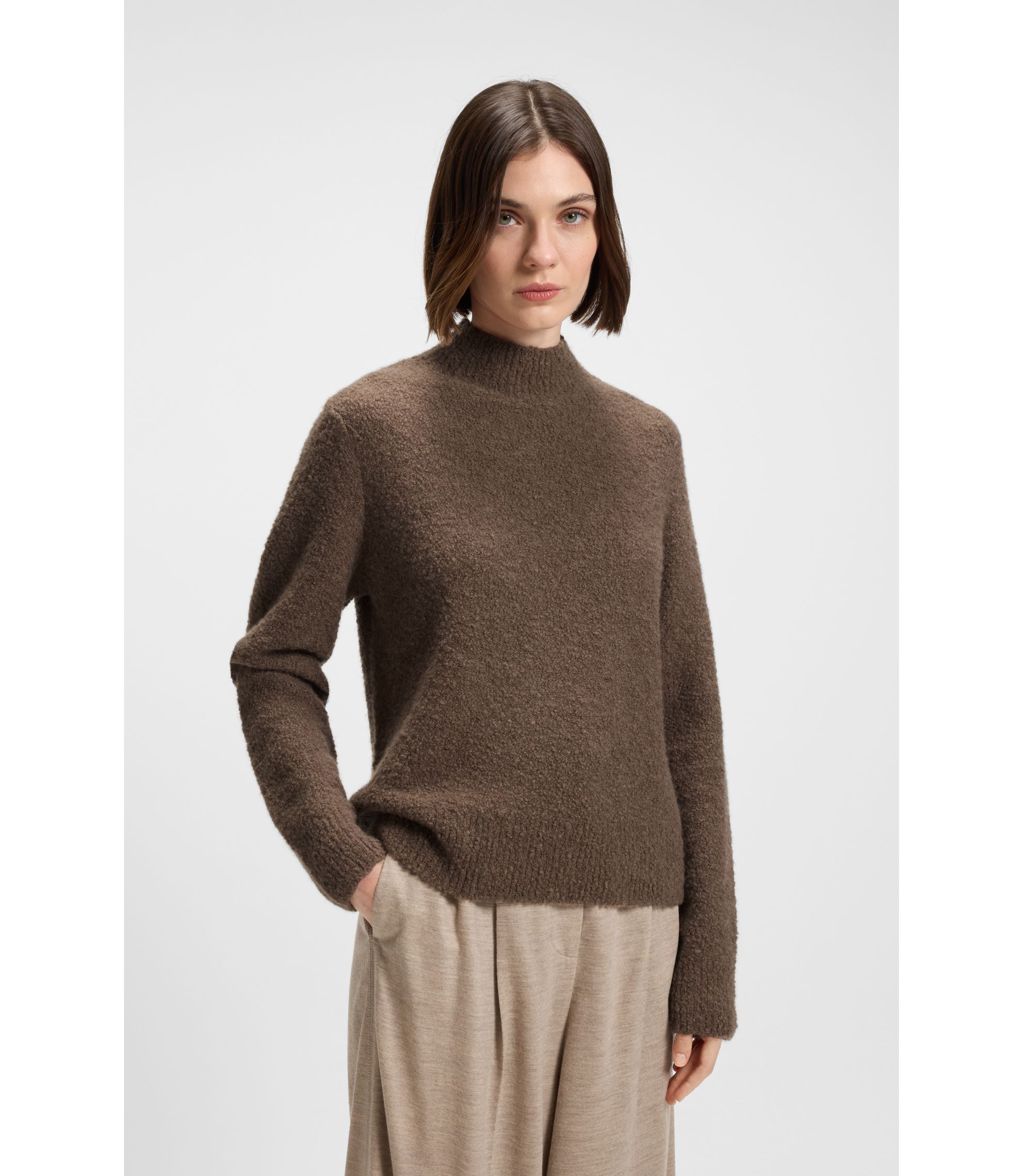 BOSS Mock-neck sweater in a wool blend with cashmere Brown