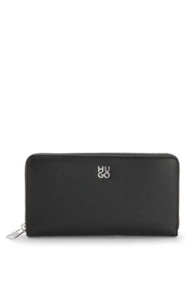 Faux-leather ziparound wallet with stacked logo, Black