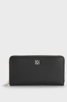 Faux-leather ziparound wallet with stacked logo, Black