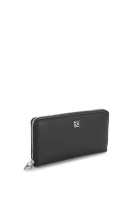Faux-leather ziparound wallet with stacked logo, Black
