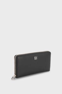 Faux-leather ziparound wallet with stacked logo, Black