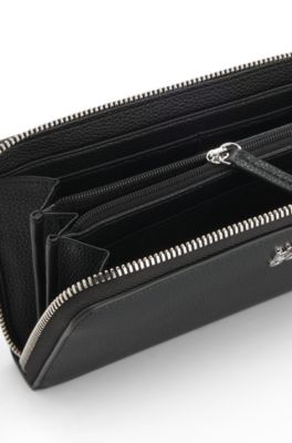 Faux-leather ziparound wallet with stacked logo, Black