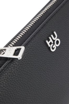 Faux-leather ziparound wallet with stacked logo, Black