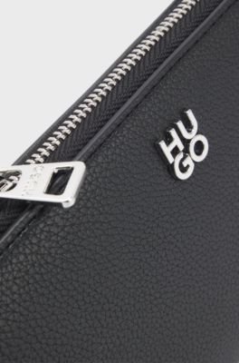 Faux-leather ziparound wallet with stacked logo, Black