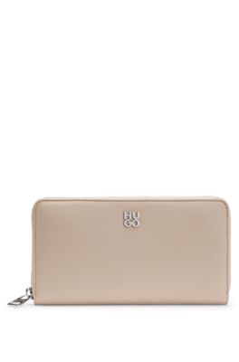 Faux-leather ziparound wallet with stacked logo, Beige