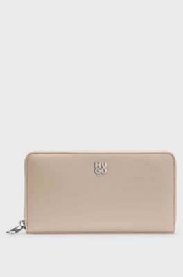 Portafoglio in similpelle con zip e logo scomposto, Beige