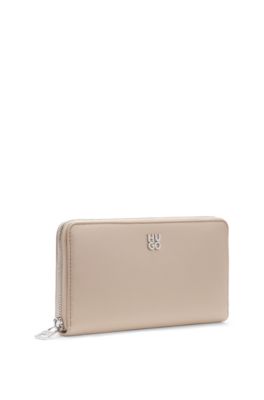 Faux-leather ziparound wallet with stacked logo, Beige