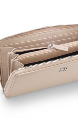 Faux-leather ziparound wallet with stacked logo, Beige