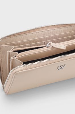 Portafoglio in similpelle con zip e logo scomposto, Beige