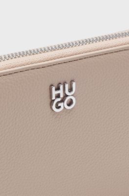 Faux-leather ziparound wallet with stacked logo, Beige