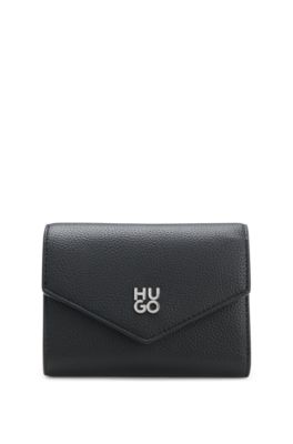 Grained faux-leather flap wallet with stacked-logo trim, Black