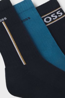 Lot de trois paires de chaussettes mi-hautes avec d&eacute;tails logot&eacute;s, Bleu