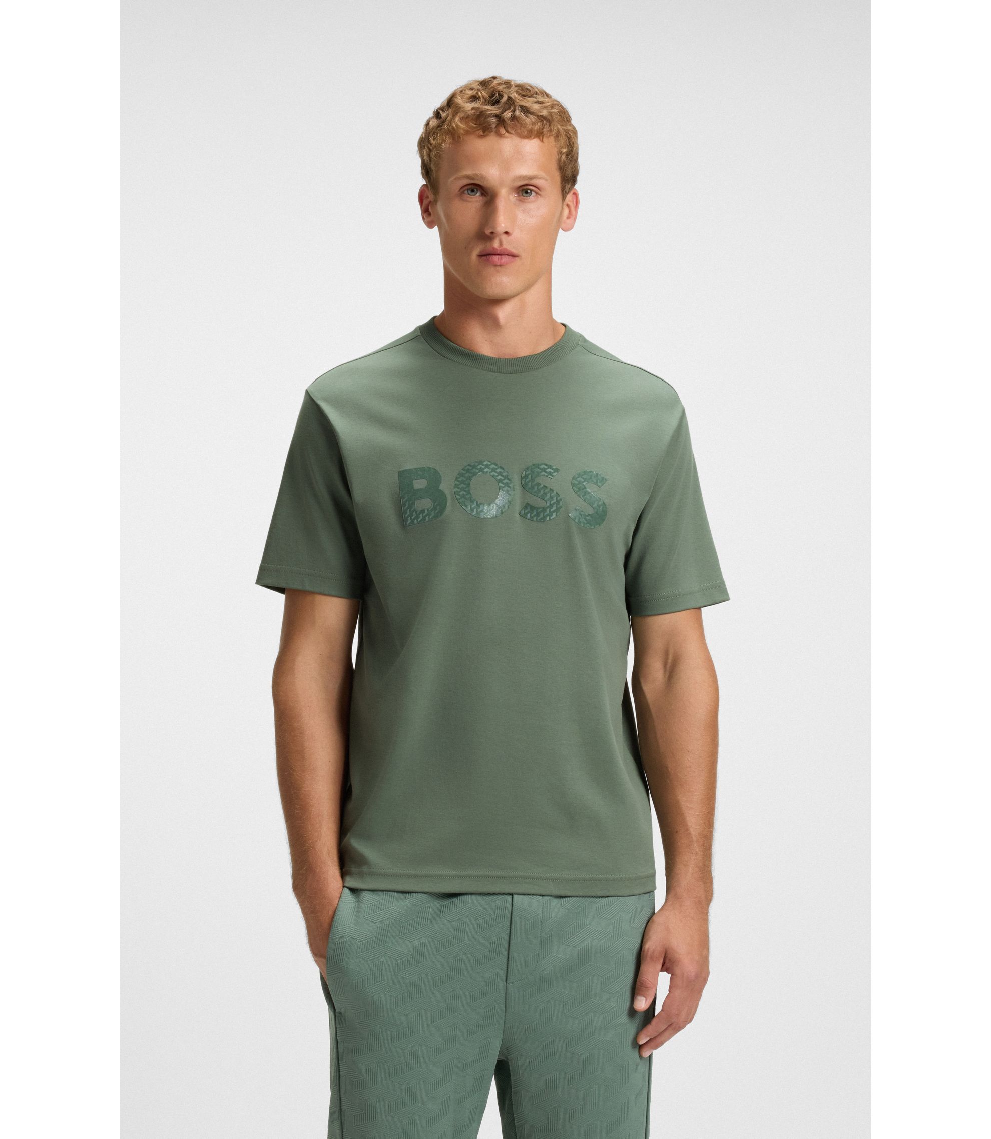 BOSS - Cotton-jersey T-shirt with structured logo - Green