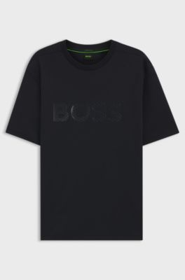 Cotton-jersey T-shirt with structured logo, Dark Blue