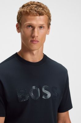 Cotton-jersey T-shirt with structured logo, Dark Blue