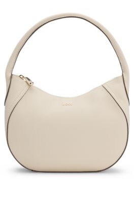 Leather hobo bag with logo detail, Light Beige
