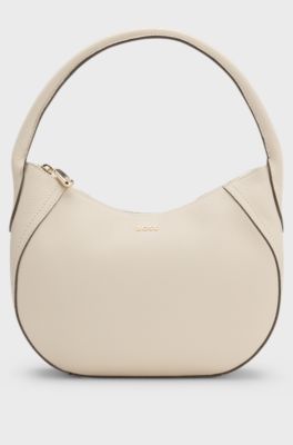 Leather hobo bag with logo detail, Light Beige