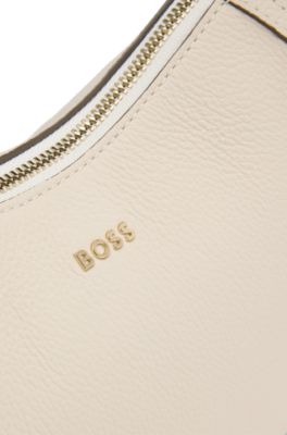 Leather hobo bag with logo detail, Light Beige