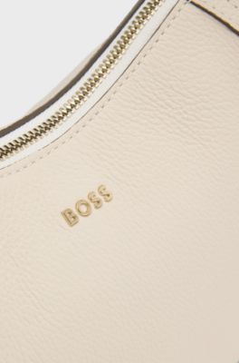 Leather hobo bag with logo detail, Light Beige