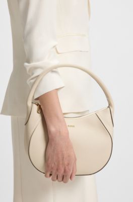 Leather hobo bag with logo detail, Light Beige