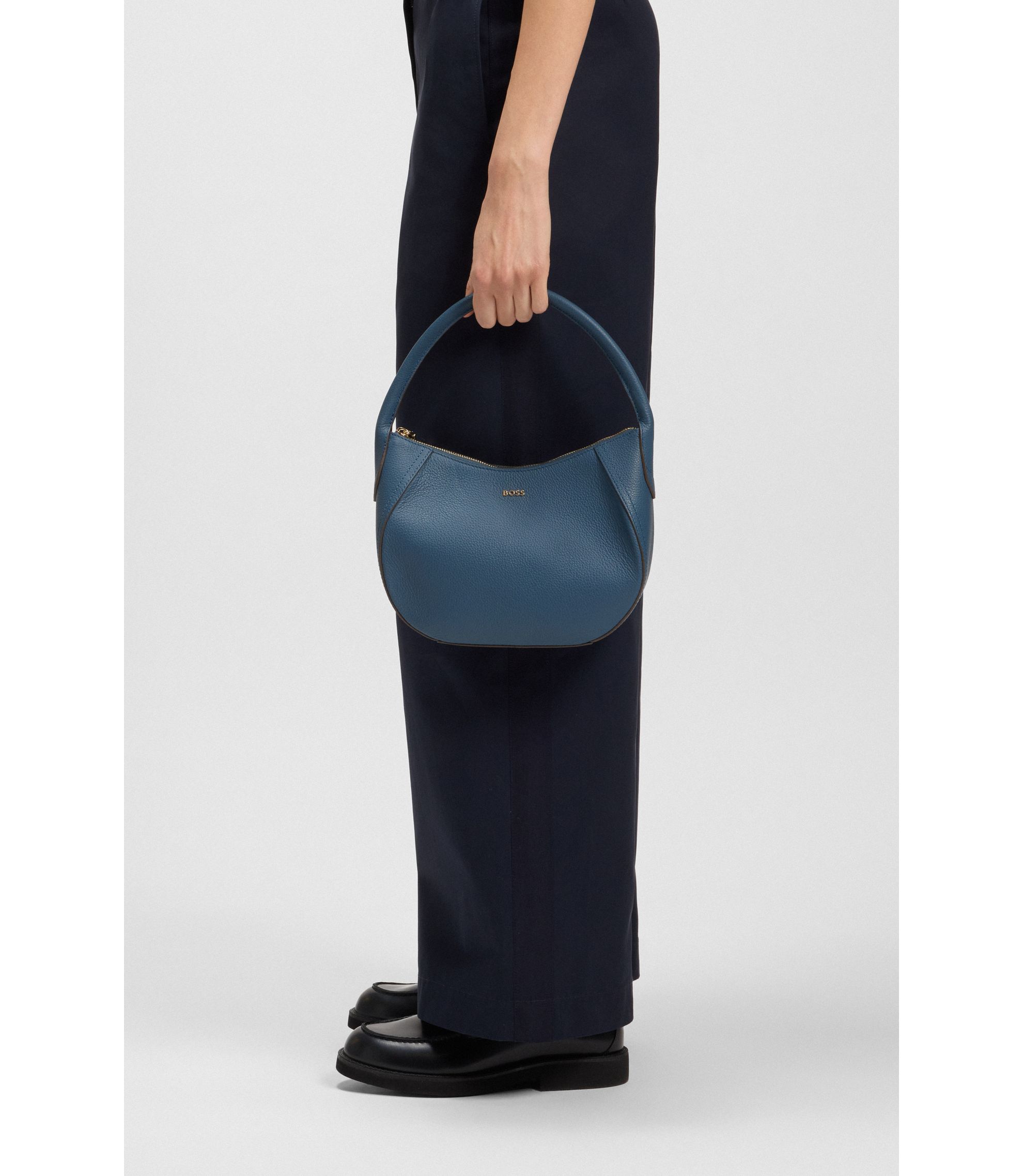 BOSS - Leather hobo bag with logo detail - Blue