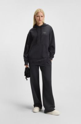 Oversized-fit hoodie with rhinestone-studded logos, Black