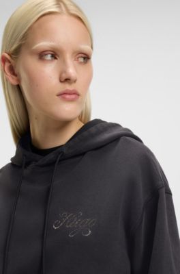 Oversized-fit hoodie with rhinestone-studded logos, Black