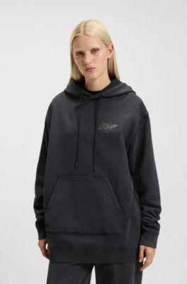 Oversized-fit hoodie with rhinestone-studded logos, Black