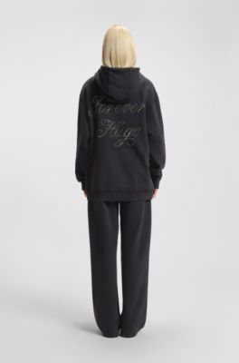Oversized-fit hoodie with rhinestone-studded logos, Black