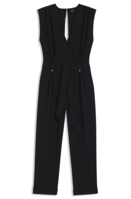 Wrap-front pleated jumpsuit in crepe with press-studs, Black