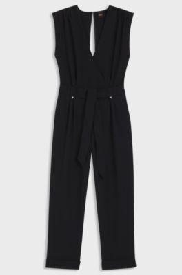 Wrap-front pleated jumpsuit in crepe with press-studs, Black