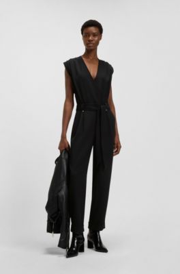 Wrap-front pleated jumpsuit in crepe with press-studs, Black