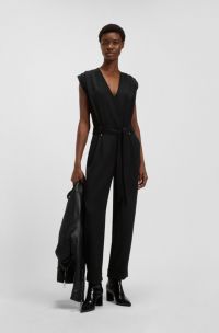 Wrap-front pleated jumpsuit in crepe with press-studs, Black