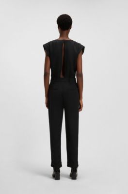 Wrap-front pleated jumpsuit in crepe with press-studs, Black