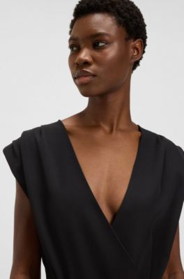 Wrap-front pleated jumpsuit in crepe with press-studs, Black