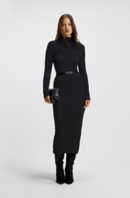 Pencil skirt with geometric pliss&eacute; , Black