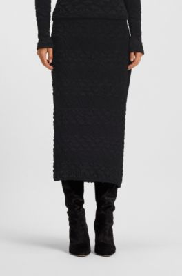 Pencil skirt with geometric pliss&eacute; , Black