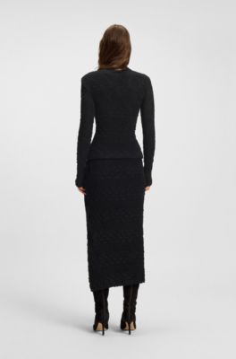 Pencil skirt with geometric pliss&eacute; , Black