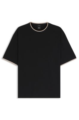 BOSS - Mercerised-cotton T-shirt with striped cuffs - Black