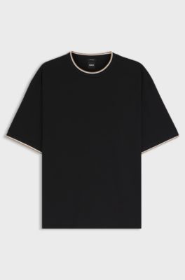 Mercerised-cotton T-shirt with striped cuffs, Black