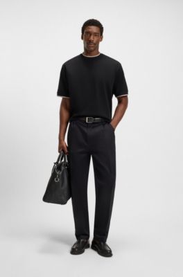 Mercerised-cotton T-shirt with striped cuffs, Black